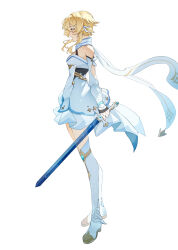 Rule 34 | 1girl, armor, bare shoulders, blonde hair, boots, closed mouth, detached sleeves, dress, feather hair ornament, feathers, from side, full body, genshin impact, hair ornament, highres, holding, holding sword, holding weapon, left-handed, long scarf, long sleeves, looking down, lumine (genshin impact), profile, scarf, short hair, short hair with long locks, simple background, sleeveless, sleeveless dress, solo, standing, sword, thigh boots, vambraces, weapon, white armor, white background, white dress, white feathers, white footwear, white scarf, white sleeves, yaner 10, yellow eyes