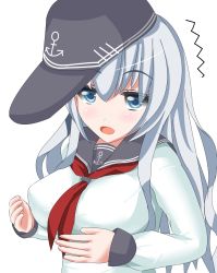 Rule 34 | 10s, 1girl, alternate breast size, blouse, blue eyes, breasts, flat cap, hat, hibiki (kancolle), highres, impossible clothes, kantai collection, large breasts, long hair, looking at viewer, neko totora, open mouth, school uniform, serafuku, shirt, smile, solo, white hair, white shirt