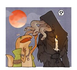 Rule 34 | ?, black robe, bloodborne, candle, candlestand, cloak, cloud, colored skin, cropped torso, dark skin, donar0217, elden ring, green cloak, green skin, holding, holding candle, hood, jewelry, looking at another, moon, necklace, petting, red moon, robe, rya (elden ring), scales, shadow of yharnam, simple background, snake, snake tail, speech bubble, tail