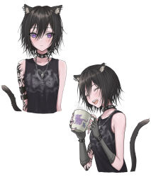 Rule 34 | 1girl, :d, animal ear fluff, animal ears, arm strap, arm tattoo, black hair, cat ears, cat tail, choker, coffee mug, cup, earrings, fingerless gloves, gloves, highres, holding, holding cup, jewelry, looking at viewer, messy hair, mug, nail polish, necklace, open mouth, original, otyappa078, punk, purple eyes, short hair, sleeveless, smile, spiked choker, spikes, tail, tattoo, white background