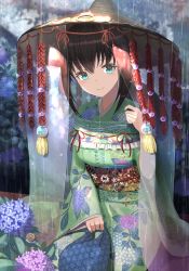 Rule 34 | 1girl, absurdres, amigasa, aqua eyes, bag, black hair, blurry, blurry background, breasts, closed mouth, commentary request, flower, green kimono, hat, highres, holding, holding bag, huge filesize, hydrangea, japanese clothes, kimono, leaf, looking at viewer, medium breasts, obi, original, outdoors, rain, sash, sidelocks, sitting, smile, snail, solo, veil, wanderlucia, water drop, wide sleeves