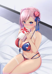 Rule 34 | 1girl, american flag bikini, american flag print, asymmetrical hair, bikini, blue eyes, breasts, bun cover, commentary request, fate/grand order, fate (series), flag print, front-tie bikini top, front-tie top, hair bun, highres, holding, indoors, large breasts, long hair, miyamoto musashi (fate), miyamoto musashi (fate/grand order), miyamoto musashi (swimsuit berserker) (fate), miyamoto musashi (swimsuit berserker) (second ascension) (fate), namaponpon 00, navel, pink hair, print bikini, print swimsuit, side bun, single hair bun, single hair intake, single side bun, single sidelock, sitting, solo, swept bangs, swimsuit, tan, tanline, unusual tanline, valentine