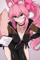 Rule 34 | 1girl, absurdres, animal ear fluff, animal ears, black bodysuit, bodysuit, bow, breasts, center opening, choker, cleavage, clipboard, darkkin, fate/grand order, fate (series), fox ears, fox girl, fox tail, glasses, hair between eyes, hair bow, highres, hip vent, koyanskaya (assassin) (first ascension) (fate), koyanskaya (fate), large breasts, leaning forward, long hair, looking at viewer, pink bow, pink hair, ponytail, sidelocks, smile, solo, tail, tamamo (fate), thighs, yellow eyes