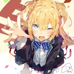 Rule 34 | 1girl, blonde hair, blue eyes, blue skirt, bow, bowtie, collared shirt, confetti, fang, from above, half updo, hand up, jacket, karei, lack girl, looking at viewer, mizuha (lack girl), multicolored neckwear, one eye closed, open clothes, open hand, open jacket, open mouth, pleated skirt, purple jacket, raised eyebrows, red ribbon, ribbon, school uniform, shirt, signature, simple background, skirt, solo, striped bow, striped bowtie, striped clothes, striped neckwear, thighhighs, white shirt, white thighhighs