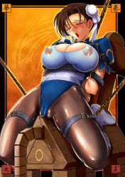 Rule 34 | 1girl, arms behind back, bdsm, blush, bondage, boots, bound, breasts, brown hair, bun cover, cameltoe, capcom, chain, chained, chinese clothes, chun-li, cleavage, cleavage cutout, closed eyes, clothing cutout, covered erect nipples, crotch rub, double bun, full body, hair bun, highleg, highleg leotard, kawaraya a-ta, large breasts, leotard, no bra, outline, pantyhose, puffy areolae, puffy short sleeves, puffy sleeves, pussy juice, pussy juice drip through clothes, see-through, short sleeves, skin tight, solo, street fighter, sweat, torture, white footwear, wooden horse, yellow outline