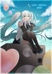 Rule 34 | 1girl, 2021, aqua hair, balloon, binchou maguro, black footwear, black skirt, black sleeves, black thighhighs, blue sky, boots, chromatic aberration, closed mouth, cloud, commentary, day, detached sleeves, eyebrows hidden by hair, green eyes, hair between eyes, hands up, happy birthday, hatsune miku, hatsune miku (nt), heart balloon, high heel boots, high heels, highres, long hair, long sleeves, outdoors, piapro, pleated skirt, see-through, shirt, signature, skirt, sky, smile, solo, speaker, thigh boots, thighhighs, twintails, very long hair, vocaloid, white shirt, white sleeves, wide sleeves