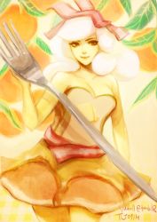 Rule 34 | 1girl, adventure time, alaskayu, artist name, bacon, bare shoulders, bread, bread slice, breakfast princess, breasts, brown dress, brown skirt, butter, cleavage, collarbone, colored skin, commentary, cowboy shot, dress, english commentary, food, food on head, fork, fruit, glint, holding, lips, long hair, looking at viewer, maple syrup, medium breasts, messy, nose, nostrils, object on head, orange (fruit), oversized object, signature, skirt, smile, solo, toast, tumblr username, umbrella-flared dress, umbrella-flared skirt, white hair, yellow skin