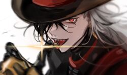 Rule 34 | 1boy, black eyes, black hair, black jacket, boothill (honkai: star rail), bullet earrings, bullet in mouth, commentary request, cowboy hat, crosshair pupils, glint, hair over one eye, hat, hat over one eye, highres, honkai: star rail, honkai (series), jacket, large hat, long hair, looking at viewer, male focus, mechanical arms, mole, mole under eye, multicolored hair, multiple moles, oryunbunkosu, portrait, red pupils, red shirt, shirt, streaked hair, white background, white hair
