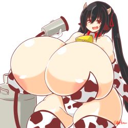 Rule 34 | 1girl, animal ears, animal print, areola slip, artist name, ayazumi flutter, azur lane, black hair, blush, bow, breasts, cleavage, collar, collarbone, cow ears, cow girl, cow horns, cow print, cow print thighhighs, cowbell, cowboy shot, crossed bangs, curvy, detached sleeves, elbow gloves, gigantic breasts, gloves, hair between eyes, hair ribbon, horns, large areolae, leotard, long hair, looking down, milking machine, open mouth, plump, print thighhighs, red eyes, ribbon, shiny skin, sidelocks, skindentation, smile, solo, strapless, strapless leotard, taihou (azur lane), thick thighs, thighhighs, thighs, twintails, very long hair, white background, wide hips