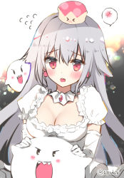 Rule 34 | &gt; &lt;, 1girl, :d, blush, boo (mario), breasts, brooch, cleavage, closed eyes, closed mouth, commentary request, crown, detached collar, dress, elbow gloves, flying sweatdrops, frilled dress, frills, ghost, gloves, grey hair, hair between eyes, hair flaps, jewelry, large breasts, long hair, looking at viewer, luigi&#039;s mansion, mario (series), mini crown, new super mario bros. u deluxe, nintendo, nose blush, open mouth, princess king boo, red eyes, revision, sharp teeth, short sleeves, smile, solo, super crown, teeth, tongue, tongue out, twitter username, very long hair, wavy mouth, white dress, white gloves, yadapot