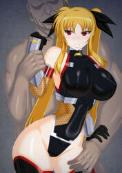 Rule 34 | 1boy, 1girl, adapted costume, blonde hair, breasts, clenched teeth, clothed female nude male, fate testarossa, highleg, highleg leotard, large breasts, leotard, lyrical nanoha, nude, taimanin suit, teeth, ugly man