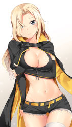 Rule 34 | 1girl, arm under breasts, azur lane, belt, bikini, bikini top only, black coat, black shorts, black sleeves, blonde hair, blush, breasts, cleavage, closed mouth, coat, commentary request, cosplay, cowboy shot, cutoffs, detached sleeves, eyes visible through hair, front-tie bikini top, front-tie top, grey eyes, groin, hair over one eye, hat, highres, historical name connection, holding own arm, hornet (azur lane), hornet (azur lane) (cosplay), hornet (kancolle), kantai collection, large breasts, long hair, looking at viewer, midriff, name connection, navel, short sleeves, shorts, sidelocks, simple background, solo, standing, swimsuit, thigh gap, thighhighs, white background, white thighhighs, yasume yukito, yellow belt