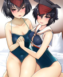 Rule 34 | 2girls, alternate costume, asymmetrical hair, black hair, black one-piece swimsuit, blue one-piece swimsuit, breast cutout, breasts, brown eyes, brown neckerchief, collarbone, covered navel, framed breasts, hair between eyes, headphones, highres, holding hands, i-13 (kancolle), i-14 (kancolle), kantai collection, multiple girls, neckerchief, on bed, one-piece swimsuit, sailor collar, school swimsuit, short hair, sitting, small breasts, swimsuit, user zdcw5853