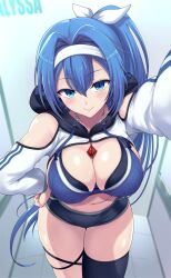 Rule 34 | 1girl, absurdres, blue eyes, blue hair, blush, breasts, cleavage, commentary request, commission, highres, jewelry, kasai shin, large breasts, long hair, looking at viewer, necklace, original, pixiv commission, ponytail, smile, solo, sports bra, sportswear, thick thighs, thigh strap, thighhighs, thighs