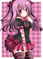 bad_id bad_pixiv_id blush bow finger_to_mouth neon_ui original purple_eyes purple_hair ribbon skirt solo striped_clothes striped_thighhighs thighhighs