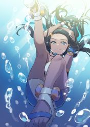 Rule 34 | 1girl, air bubble, armlet, arms up, bike shorts, black hair, blue eyes, blue eyeshadow, blue hair, bubble, closed mouth, commentary request, creatures (company), dark-skinned female, dark skin, dynamax band, earrings, eyeshadow, game freak, gloves, gym leader, highres, hoop earrings, jewelry, kneepits, knees, long hair, looking at viewer, makeup, multicolored hair, myattamyata, necklace, nessa (pokemon), nintendo, partially fingerless gloves, pokemon, pokemon swsh, sandals, single glove, smile, solo, toes, two-tone hair, underwater, white footwear
