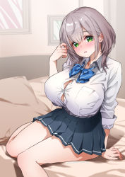 Rule 34 | 1girl, bed, blue bow, blue bowtie, blue skirt, blush, bow, bowtie, breasts, button gap, collared shirt, dress shirt, green eyes, hair behind ear, hand up, highres, hololive, huge breasts, indoors, long sleeves, looking at viewer, nanase meruchi, on bed, parted lips, pillow, pleated skirt, shirogane noel, shirogane noel (school uniform), shirt, silver hair, sitting, skirt, solo, striped bow, striped bowtie, striped clothes, virtual youtuber, white shirt