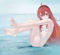 Rule 34 | 1girl, absurdres, ahoge, armpits, barefoot, bikini, black hairband, breasts, closed mouth, eris greyrat, eyebrows hidden by hair, feet, feet up, full body, hairband, highres, in water, knees up, long hair, looking at viewer, mushoku tensei, navel, red eyes, red hair, ripples, sitting, small breasts, soles, solo, stomach, swimsuit, toes, user hrcf4452, very long hair, white bikini