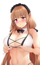 Rule 34 | 1girl, artist request, azur lane, bikini, black bow, black headband, blush, bow, breast lift, breasts, brown hair, cleavage, cross, cross-laced bikini, cross-laced clothes, detached collar, female focus, frilled hairband, frills, hair ornament, hairband, headband, highres, large breasts, long hair, maid, maid bikini, mole, mole under mouth, multi-strapped bikini, official alternate costume, pink eyes, pinku pansaa, signature, simple background, solo, string bikini, swiftsure (azur lane), swiftsure (midsummer special service) (azur lane), swimsuit, two-tone bikini, unconventional maid, white background, white bikini, x hair ornament