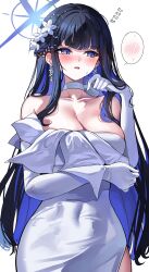 Rule 34 | 1girl, absurdres, bare shoulders, black hair, blue archive, blue eyes, breasts, cleavage, collarbone, covered navel, dress, elbow gloves, gloves, halo, highres, large breasts, long hair, looking to the side, official alternate costume, open mouth, sak (lemondisk), saori (blue archive), saori (dress) (blue archive), solo, white dress