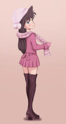 Rule 34 | 1girl, absurdres, ass, blue eyes, blush, boots, brown hair, closed mouth, dress, female focus, from behind, gloves, highres, long hair, long sleeves, looking at viewer, looking back, meitantei conan, minidress, mouri ran, pink dress, pink footwear, pink gloves, pink headwear, pink scarf, pom pom (clothes), scarf, smile, solo, storm92, striped clothes, striped scarf, thigh boots, thighhighs, thighs, very long hair, zettai ryouiki