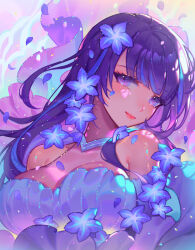 Rule 34 | 1girl, alternate costume, blush, breasts, cleavage, closed mouth, dress, elbow gloves, flower, genshin impact, gloves, hair flower, hair ornament, highres, large breasts, long hair, looking at viewer, orange sekaii, petals, purple background, purple dress, purple eyes, purple flower, purple hair, raiden shogun, sleeveless, sleeveless dress, smile, solo