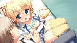Rule 34 | 1boy, 1girl, :o, asasaka meguri, asasaka tokiya, bell, blonde hair, blouse, blue eyes, blush, bra, bra lift, grabbing another&#039;s breast, breasts, legs together, from above, game cg, grabbing, green bra, green panties, hair bell, hair ornament, hetero, hulotte, ikegami akane, imouto no okage de mote sugite yabai, indoors, legs together, long hair, looking at another, nipples, open clothes, open mouth, open shirt, panties, petite, shirt, sitting, small breasts, thighhighs, underwear, wet, wet clothes, wet panties, yellow thighhighs