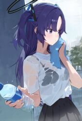 Rule 34 | 1girl, alternate costume, black bra, black halo, blue archive, blue eyes, blue hair, blue towel, blush, bottle, bra, bra visible through clothes, closed mouth, commentary, day, halo, highres, holding, holding bottle, holding towel, looking to the side, mechanical halo, outdoors, parted bangs, plastic bottle, pleated skirt, rain, see-through, see-through shirt, shirt, short sleeves, skirt, solo, towel, triangle hair ornament, two side up, underwear, upper body, ushiwaka, water, water bottle, white shirt, yuuka (blue archive)