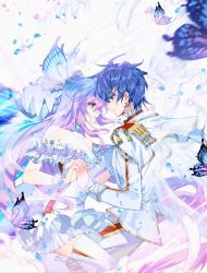 Rule 34 | 1boy, 1girl, bug, butterfly, couple, cover, cover page, douluo dalu, dress, frills, hei zhi shi, holding hands, insect, looking at another, multicolored hair, official art, pants, tang wutong (douluo dalu), thighhighs, third-party source, uniform, white dress, wings