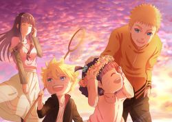Rule 34 | 2boys, 2girls, :d, bad id, bad pixiv id, blonde hair, blue eyes, brother and sister, butterfly net, closed eyes, facial mark, family, father and daughter, father and son, flower wreath, hair bobbles, hair ornament, hand net, haneru, hyuuga hinata, long hair, mother and daughter, mother and son, multiple boys, multiple girls, naruto: the last, naruto (series), open mouth, purple hair, purple sky, siblings, sky, smile, sunset, uzumaki boruto, uzumaki himawari, uzumaki naruto, whisker markings