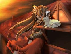 Rule 34 | 1girl, animal ears, cat, cat day, cat ears, closed eyes, gizensha, long hair, rooftop, sitting, sky, solo, sunset