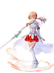 Rule 34 | 1girl, absurdres, armor, armored dress, asuna (sao), bare shoulders, boots, braid, breasts, colored skin, hair between eyes, highres, large breasts, long hair, open mouth, orange eyes, orange hair, skirt, sword, sword art online, twintails, weapon, white background, white skin