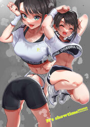 Rule 34 | 1girl, absurdres, ass, bent over, black hair, black shorts, black sports bra, blue eyes, breasts, cameltoe, character name, clothes writing, commentary request, cropped shirt, english text, grey background, highres, hololive, hololive dance practice uniform, kilesha, looking at viewer, medium breasts, midriff, multiple views, navel, official alternate costume, oozora subaru, open mouth, shirt, shoes, short hair, short shorts, shorts, sneakers, sports bra, steaming body, sweat, t-shirt, thighs, virtual youtuber, white footwear, white shirt, white wristband, wiping sweat