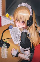 Rule 34 | 1girl, absurdres, apron, blonde hair, blush, bottle, drinking straw, excited, headphones, highres, holding, holding paper, long hair, looking at viewer, looking back, maid, maid apron, maid headdress, microphone, original, paper, puffy short sleeves, puffy sleeves, red eyes, script, short sleeves, sooon, sparkle, table, upper body, water bottle, window