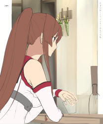 Rule 34 | 1girl, bottle, breasts, brown eyes, brown hair, closed mouth, cup, detached sleeves, enosan, flower, highres, holding, holding cup, indoors, kantai collection, large breasts, long hair, sidelocks, sketch, solo, translation request, unfinished, very long hair, yamato (kancolle)
