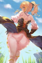 Rule 34 | 1girl, artist request, ass, bare shoulders, blonde hair, blue eyes, blue sky, blush, boots, bow, corset, cross, cross earrings, day, detached sleeves, earrings, from behind, from below, genshin impact, gloves, grass, hair bow, half-closed eyes, highres, huge ass, jean (genshin impact), jewelry, long hair, long sleeves, looking at viewer, looking back, pants, ponytail, shiny clothes, shiny skin, sky, solo, sweat, tailcoat, tight clothes, tight pants, wakura (gcdan), white pants