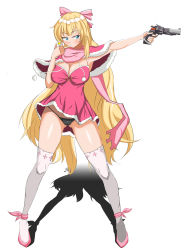 Rule 34 | 1girl, absurdres, black panties, blonde hair, blue eyes, blush, bow, breasts, cameltoe, capelet, cigarette, cleavage, deathpoint, dress, dungeon and fighter, covered erect nipples, female gunner (dungeon and fighter), female ranger (dungeon and fighter), full body, fur trim, gluteal fold, gun, gunner (dungeon and fighter), hair bow, handgun, highres, large breasts, lighter, lighting cigarette, long hair, long scarf, looking to the side, panties, pantyshot, pink bow, pink dress, pink footwear, pink scarf, ranger (dungeon and fighter), revolver, scarf, shoes, solo, standing, thighhighs, underwear, very long hair, weapon, wind, wind lift