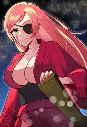Rule 34 | 1girl, baiken, big hair, breasts, cleavage, et chi, eyepatch, facial tattoo, floral print, guilty gear, guilty gear strive, guilty gear strive x tower records, highres, japanese clothes, kimono, large breasts, long hair, long sleeves, looking at viewer, one-eyed, open clothes, open kimono, pink hair, print kimono, red eyes, red kimono, samurai, smile, summer festival, tattoo, tower records, yukata
