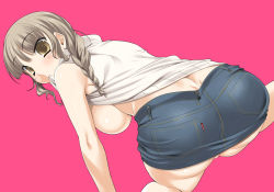 Rule 34 | 1girl, all fours, braid, breasts, brown eyes, brown hair, cle masahiro, kimi kiss, large breasts, miniskirt, mizusawa mao, mouth hold, no bra, pencil skirt, skirt, solo, wallpaper