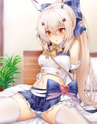 Rule 34 | 1girl, :o, arm support, arms behind back, ayanami (azur lane), ayanami (low-key idol @confused) (azur lane), ayanami (low-key idol @confused) (azur lane), azur lane, bare shoulders, belt, blonde hair, blue panties, blue skirt, blush, bow, breasts, collared shirt, commentary request, commission, cowboy shot, crop top, detached sleeves, hair between eyes, hair bow, hair ornament, hajika, headgear, high ponytail, highres, indoors, long hair, looking to the side, medium breasts, midriff, navel, neck ribbon, on bed, orange eyes, panties, pantyshot, pillow, plaid, plaid bow, plaid skirt, plant, pleated skirt, ponytail, ribbon, shirt, sidelocks, sitting, skeb commission, skindentation, skirt, solo, spread legs, thighhighs, underwear, waist bow, wall, wariza, white belt, white shirt, white sleeves, white thighhighs, yellow ribbon, zettai ryouiki