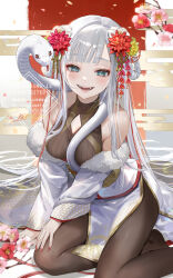 1girl :d animal bare_shoulders blue_eyes bodysuit braid branch breasts brown_bodysuit chinese_zodiac cleavage cleavage_cutout clothing_cutout commentary_request egasumi fangs flower grey_hair hair_flower hair_ornament hair_rings highres long_hair long_sleeves looking_at_viewer medium_breasts nail_polish nima_(niru54) open_mouth original pink_flower red_flower red_nails smile snake solo twin_braids very_long_hair watermark white_snake wide_sleeves year_of_the_snake yellow_flower