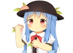 Rule 34 | 1girl, bad id, bad pixiv id, blue hair, bow, bowtie, eating, food, fruit, hat, hinanawi tenshi, peach, poco (zdrq3), red eyes, saliva, short sleeves, simple background, solo, touhou