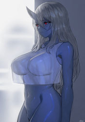 Rule 34 | 1girl, against wall, blue oni, blue skin, blush, bottomless, breasts, colored skin, crop top, crop top overhang, grey hair, horns, kimiko (zakusi), large breasts, long hair, navel, oni, original, red eyes, see-through, sidelighting, single horn, solo, standing, symbol-only commentary, tank top, white tank top, zakusi
