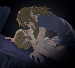 1boy 1girl ayumi_(xiwu) blonde_hair blue_shirt blue_shorts blush boy_on_top braid camisole commentary couple crown_braid ear_piercing hetero link looking_at_another medium_hair multiple_scars nintendo on_bed parted_lips piercing pointy_ears princess_zelda scar shirt short_hair shorts the_legend_of_zelda the_legend_of_zelda:_tears_of_the_kingdom white_camisole