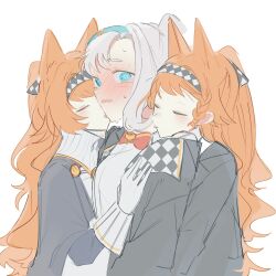 Rule 34 | 3girls, @ @, animal ears, blue eyes, blue hairband, blush, braid, checkered hairband, clone, closed eyes, commentary, dog ears, embarrassed, grey jacket, hairband, hand on another&#039;s shoulder, highres, hug, hug from behind, jacket, licking, licking another&#039;s cheek, licking another&#039;s face, long hair, matilda bouanich, multiple girls, nelizx, orange hair, parted lips, reverse:1999, side braid, simple background, sonetto (reverse:1999), sweat, symbol-only commentary, tongue, tongue out, two side up, upper body, white background, white hair, yuri