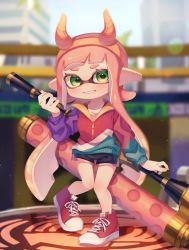 Rule 34 | 1girl, akr tmr, black shorts, blurry, blurry background, commentary, full body, green eyes, hero roller (splatoon), highres, inkling, inkling girl, inkling player character, long hair, long sleeves, looking at viewer, nintendo, parted lips, pink hair, pointy ears, red footwear, shoes, shorts, smile, sneakers, solo, splatoon (series), symbol-only commentary, teeth, tentacle hair