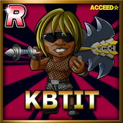 Rule 34 | 1boy, axe, black background, black footwear, black shorts, blonde hair, border, brown border, card (medium), card parody, character name, chibi, commentary request, copyright name, dark-skinned male, dark skin, fishnet top, fishnets, full body, grin, gyaruo, highres, holding, holding axe, latex shorts, looking at viewer, male focus, manatsu no yo no inmu, medium bangs, meta meta, nipples, red background, shoes, short hair, shorts, smile, solo, sparkle, standing, star (symbol), sunburst, sunburst background, sunglasses, takuya (acceed), wrap-around shades