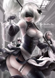 Rule 34 | 1boy, 2girls, alternate costume, artist name, ass, black footwear, black gloves, black neckwear, black vest, blindfold, boots, breasts, bucket, cleavage, collared shirt, corset, cup, detached sleeves, dress, dutch angle, enmaided, gloves, hair over one eye, high heels, holding, indoors, bridal garter, leg up, long hair, maid, medium breasts, mop, multiple girls, nier (series), nier:automata, parted lips, rachta lin, realistic, shirt, short hair, silver hair, tea set, teacup, teapot, thigh boots, thighhighs, tray, very long hair, vest, watermark, web address, white shirt, wing collar, 2b (nier:automata), 9s (nier:automata), a2 (nier:automata)