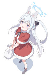 Rule 34 | 1girl, absurdres, animal ears, blue archive, dress, hair ribbon, halo, highres, holding, holding sack, long hair, looking at viewer, miyako (blue archive), open mouth, purple eyes, rabbit ears, ribbon, sack, santa costume, santa dress, shoes, sidelocks, simple background, smile, solo, white hair, yomoyama55