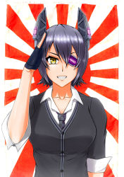 Rule 34 | 10s, 1girl, breasts, cardigan, collarbone, collared shirt, eyepatch, fingerless gloves, gloves, grin, headgear, kantai collection, large breasts, looking at viewer, purple hair, rising sun flag, salute, shirt, short hair, short sleeves, smile, solo, sunburst, tenryuu (kancolle), upper body, vld, white shirt, yellow eyes